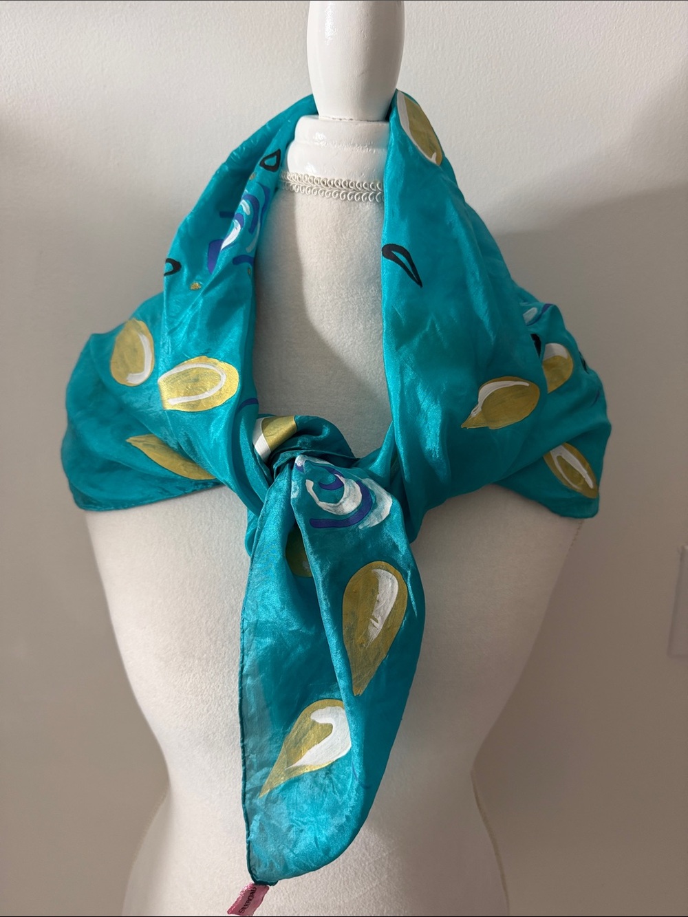 Vintage, hand painted Turquoise Print Silk Scarf - Unbranded
